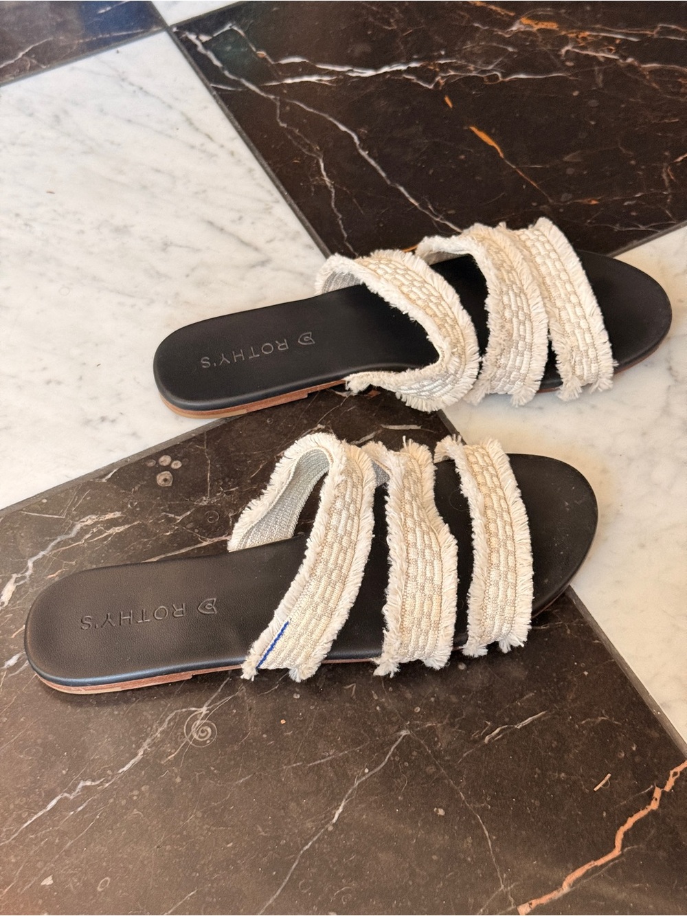 Rothy's Cream Textured Multi-Strap Slide Sandals